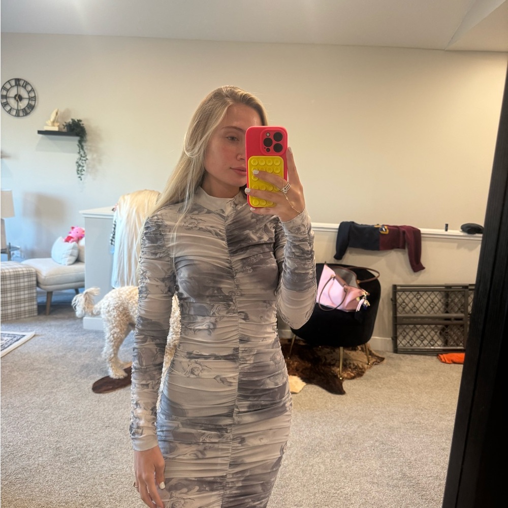 Gray Patterned Long Sleeve Dress